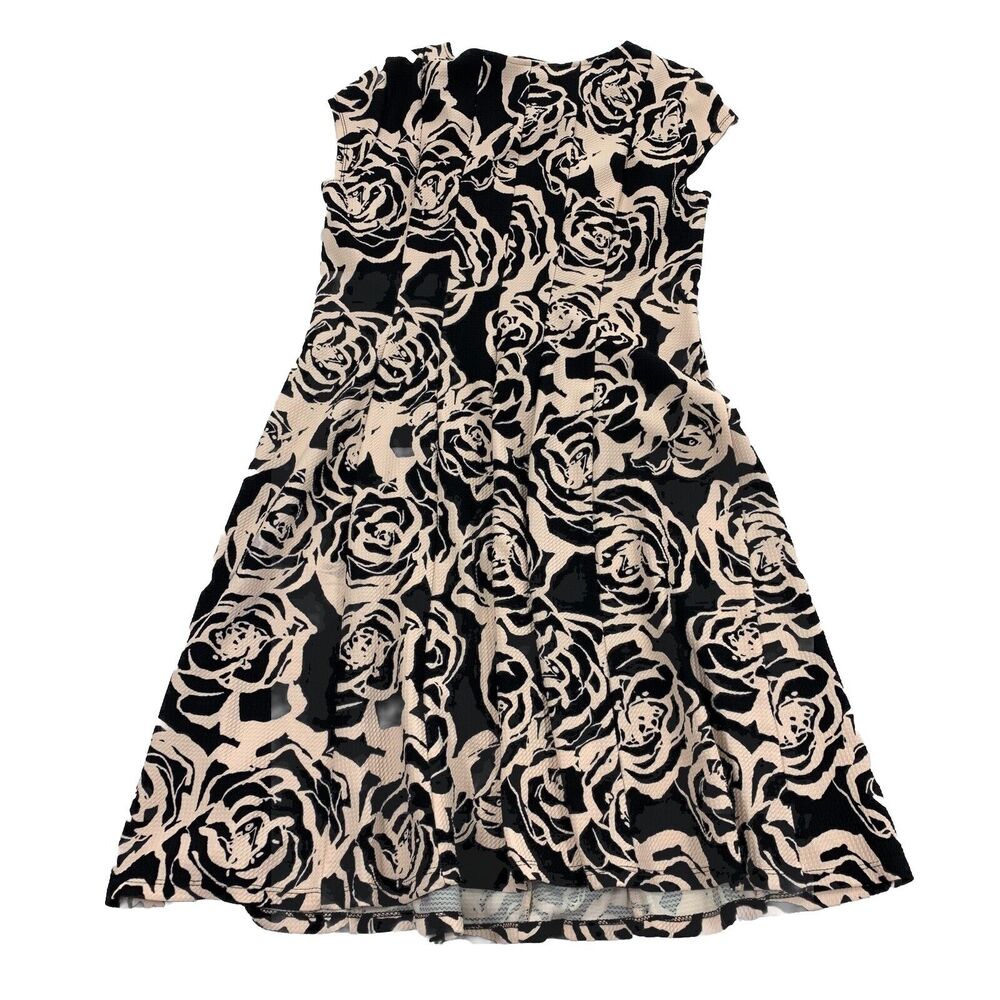 Elle Floral Print Short Sleeve A-Line Pleated Dress Size XL Womens Black Cream - Picture 2 of 7
